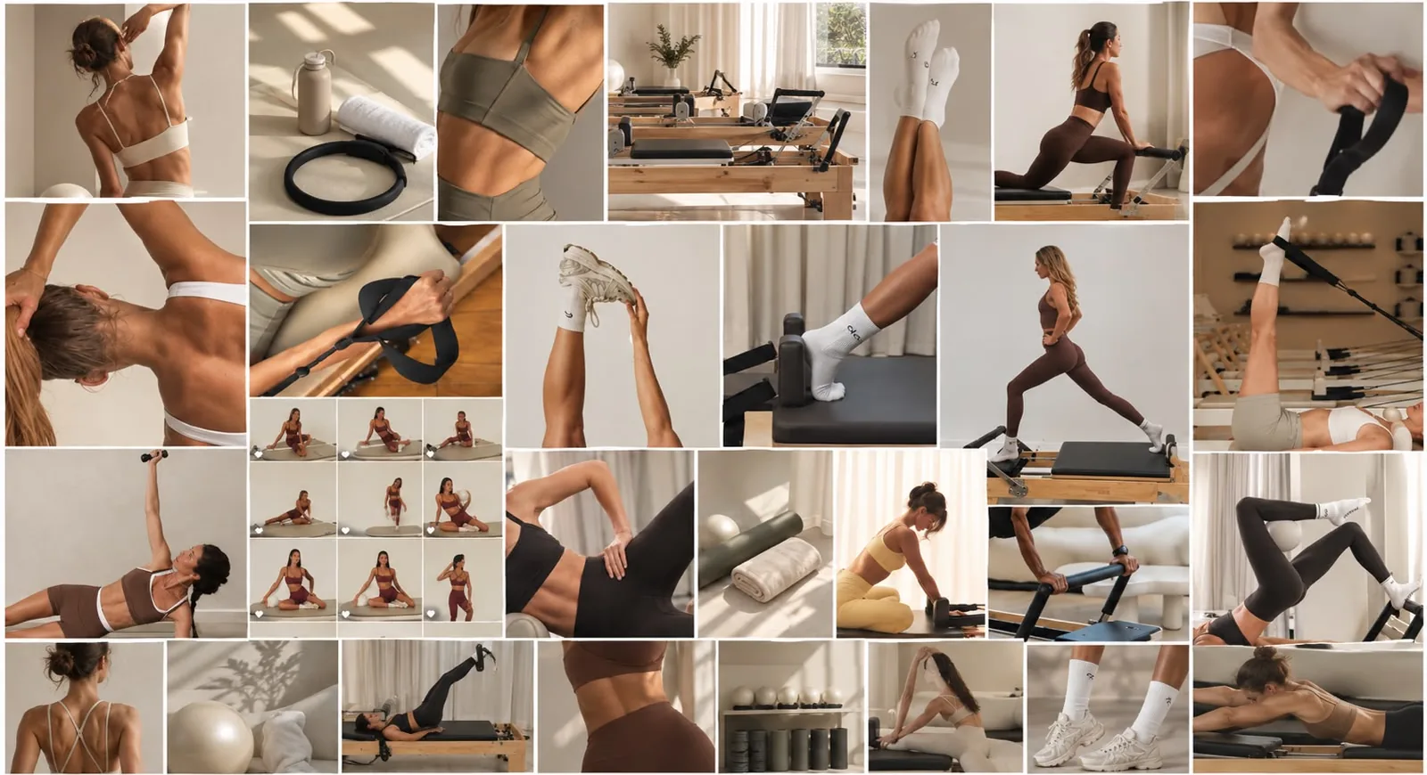 Moodboard de Casa GIA: trabajo en reformer, detalles del
              estudio y momentos de práctica, en tonos cálidos.